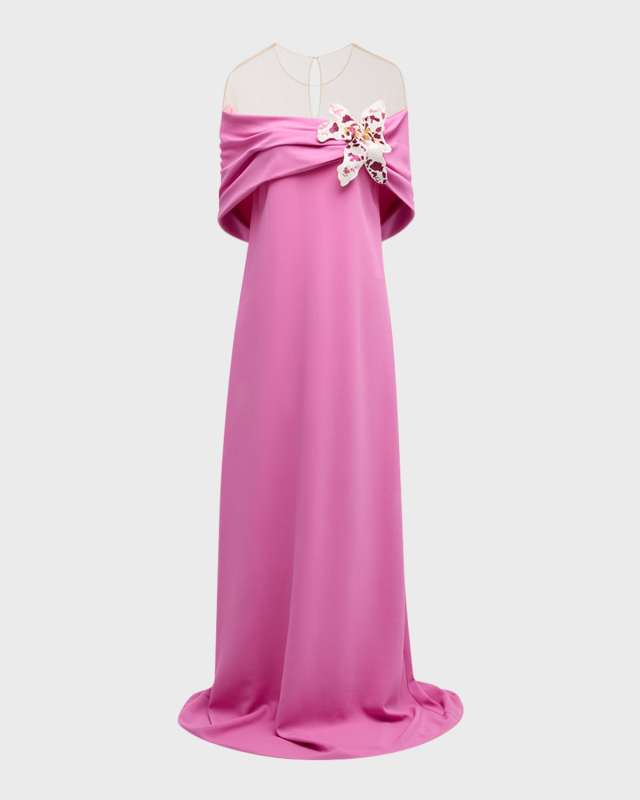 Watercolor Orchid Off-The-Shoulder Illusion Caftan Gown
